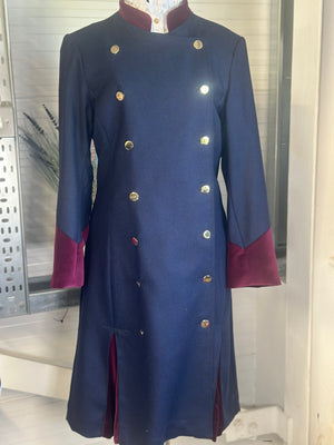 IN STOCK: REDUCED - STUNNING NAVY & PLUM VELVET DRESS COAT