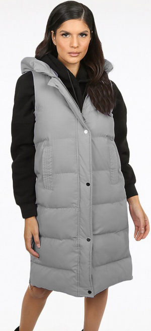 Longline Hooded Puffer Gilet (with side of leg zips to hips)