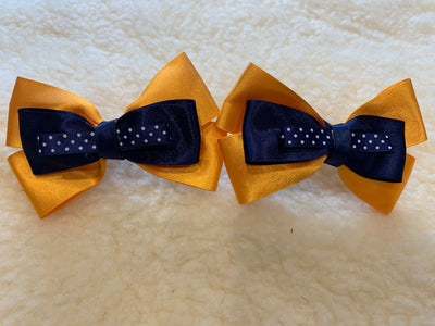 Yellow, navy, with white polka dot - 5” bows - no tails