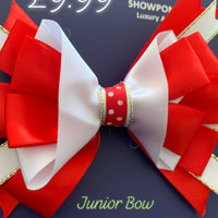 Red & white multi layer with polka dots 4”bows (no tails)