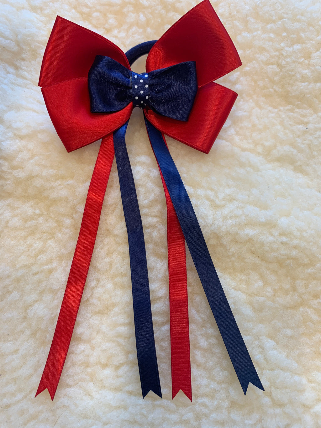 Red & Navy with polka dot centre - 4” & tails