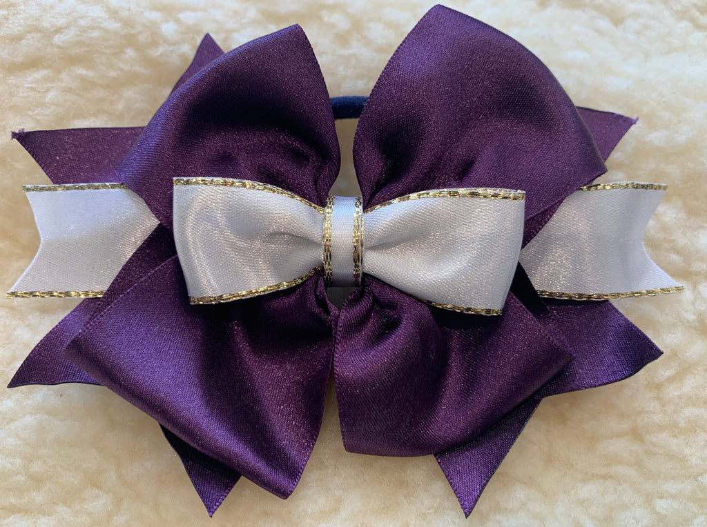 Hair bows in purple, white & gold 5” bow with tails