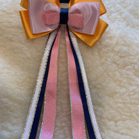 Yellow, navy, baby pink, white & gold - 5” bows with tails