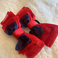 Red and navy tulle & satin layered bows - no tails 4.5”