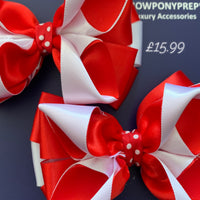 Red & white twist layered with polka dots 3” bows (no tails)