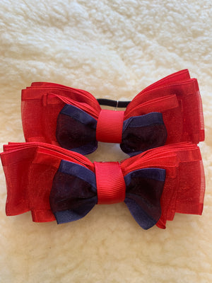 Red and navy tulle & satin layered bows - no tails 4.5”