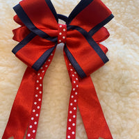 Red, Navy and white dot bows - with tails- 5”