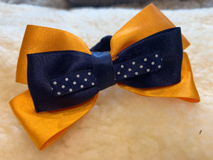 Yellow, navy, with white polka dot - 5” bows - no tails