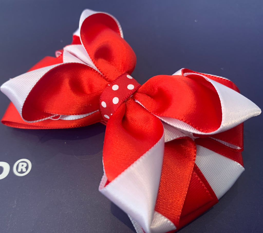 Red & white twist layered with polka dots 3” bows (no tails)