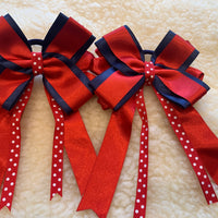 Red, Navy and white dot bows - with tails- 5”